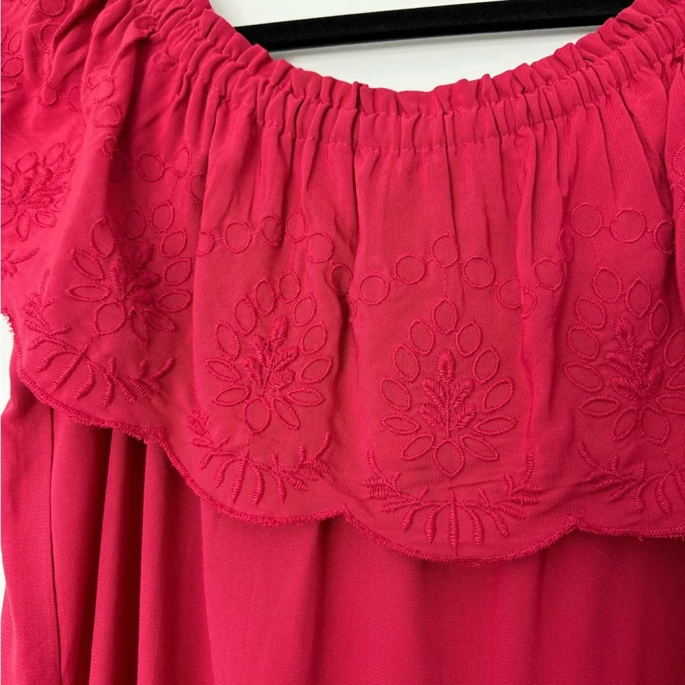 LOFT Fuchsia Off-Shoulder Embroidered Ruffle Tunic - Picture 2 of 5